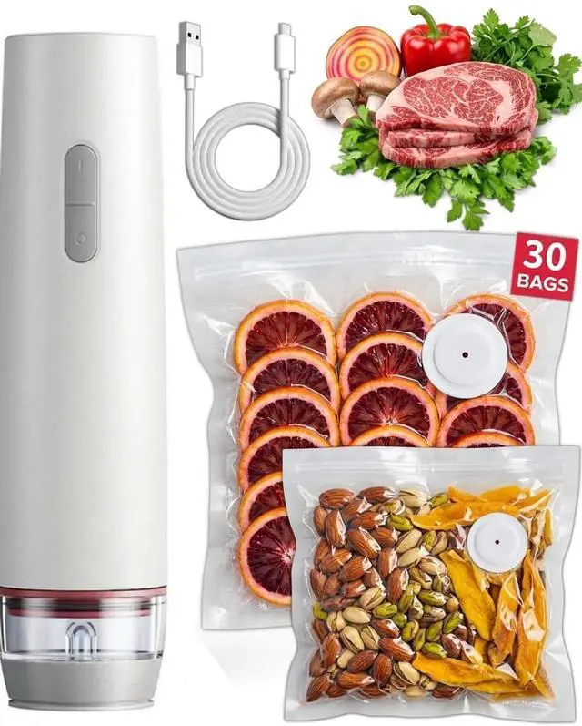Main image of Food Vacuum Sealer Machine with 30 Reusable Vacuum Bags & 3 Sealing Clips for Food Storage, Freezing and Refrigeration Preservation