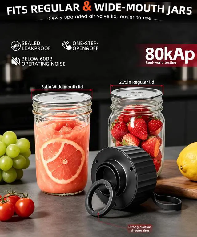 Alt view image 3 of 7 - Electric Mason Jar Vacuum Sealer, 80kPa Strong Suction, Digital Display, One-Touch Operation, Rechargeable Canning Sealer Kit for Wide & Regular Mouth Jars, Food Storage & Ideal Gift