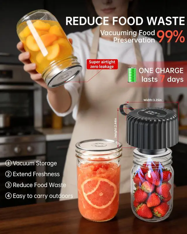 Alt view image 2 of 7 - Electric Mason Jar Vacuum Sealer, 80kPa Strong Suction, Digital Display, One-Touch Operation, Rechargeable Canning Sealer Kit for Wide & Regular Mouth Jars, Food Storage & Ideal Gift