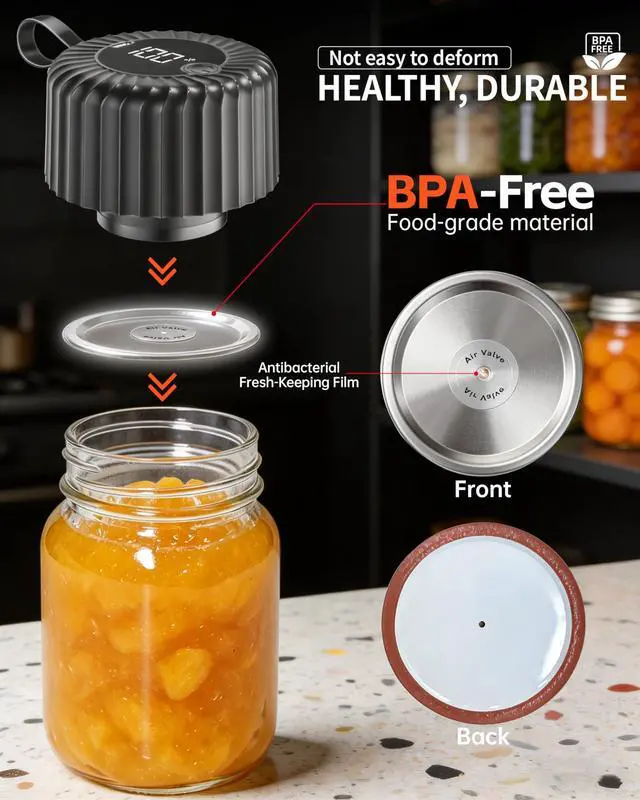 Alt view image 6 of 7 - Electric Mason Jar Vacuum Sealer, 80kPa Strong Suction, Digital Display, One-Touch Operation, Rechargeable Canning Sealer Kit for Wide & Regular Mouth Jars, Food Storage & Ideal Gift