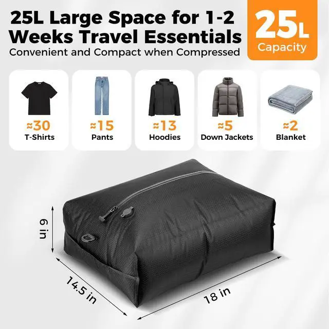 Alt view image 2 of 7 - Travel Vacuum Seal Bags with Wireless Rechargeable Pump, 25L Durable Reusable Compression Packing Bags for Carry-On Suitcase & Backpack, IP67 Waterproof Space Saver Kit (2 Pack)
