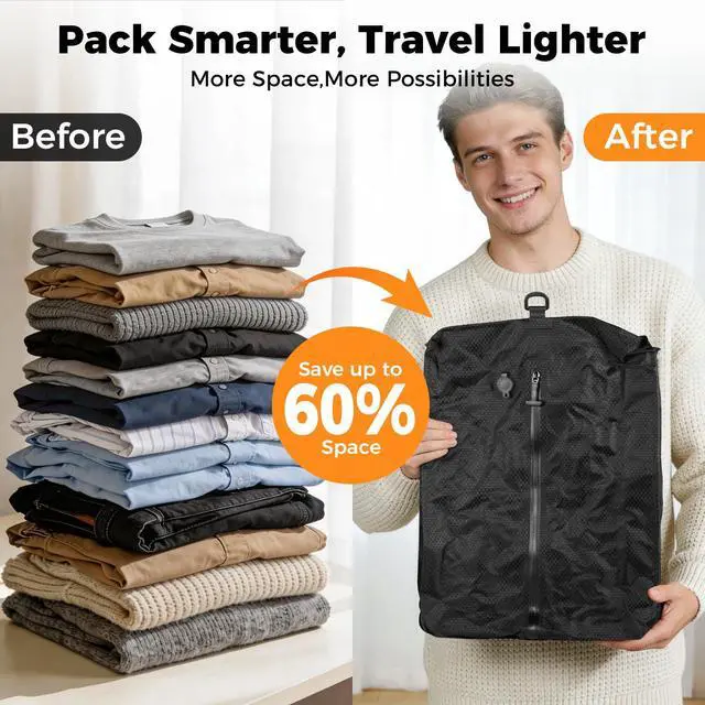 Alt view image 3 of 7 - Travel Vacuum Seal Bags with Wireless Rechargeable Pump, 25L Durable Reusable Compression Packing Bags for Carry-On Suitcase & Backpack, IP67 Waterproof Space Saver Kit (2 Pack)