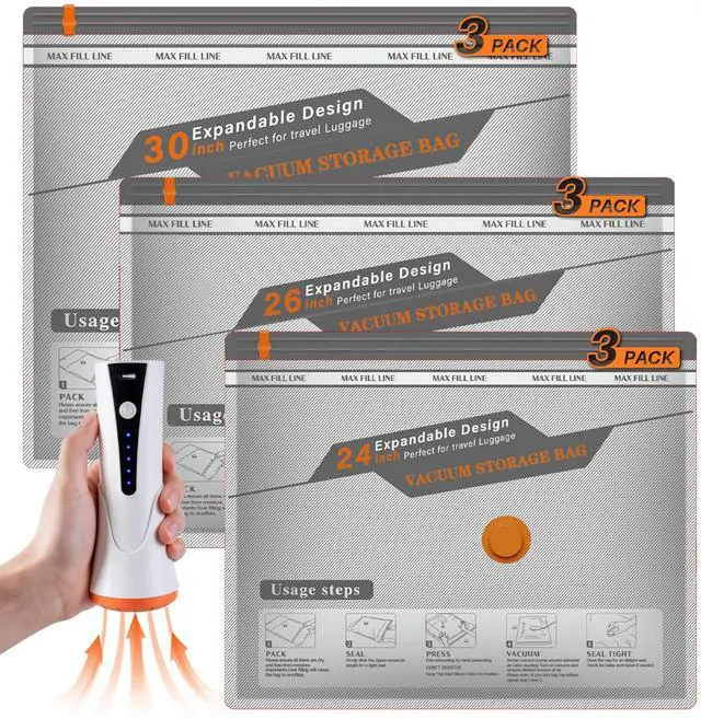 Main image of Vacuum Seal Bags for Clothing Travel, Rechargeable Wireless Pump, Portable Space Saver Bags for Clothing Travel in 3 Combo sizes, Compression Packing for Luggage, Seasonal Storage 9 Combo Set