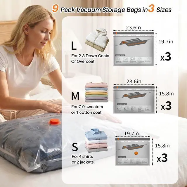 Alt view image 3 of 7 - Vacuum Seal Bags for Clothing Travel, Rechargeable Wireless Pump, Portable Space Saver Bags for Clothing Travel in 3 Combo sizes, Compression Packing for Luggage, Seasonal Storage 9 Combo Set
