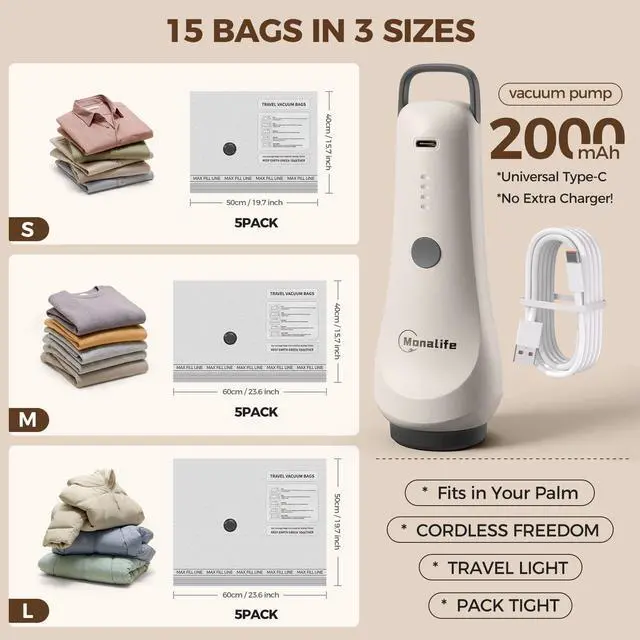 Alt view image 4 of 7 - Travel Vacuum Bags for Clothes with Cordless Pump - 15 Pack Reusable Compression Packing, Save 80% Luggage for Suitcase Carry-On & Bedding (15 Combo Travel Size)