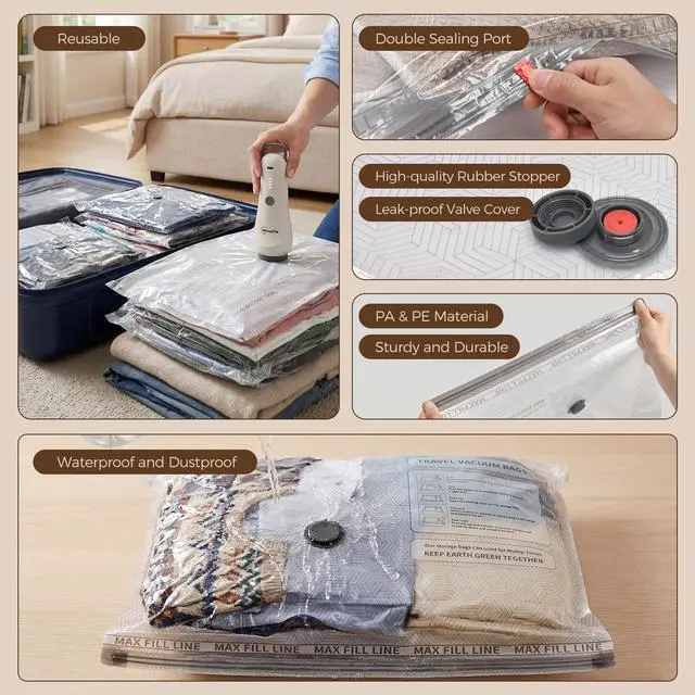 Alt view image 7 of 7 - Travel Vacuum Bags for Clothes with Cordless Pump - 15 Pack Reusable Compression Packing, Save 80% Luggage for Suitcase Carry-On & Bedding (15 Combo Travel Size)