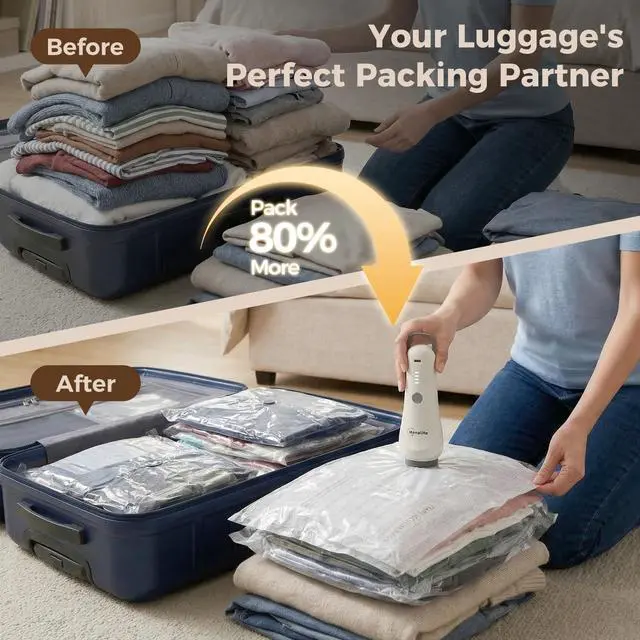Alt view image 3 of 7 - Travel Vacuum Bags for Clothes with Cordless Pump - 15 Pack Reusable Compression Packing, Save 80% Luggage for Suitcase Carry-On & Bedding (15 Combo Travel Size)