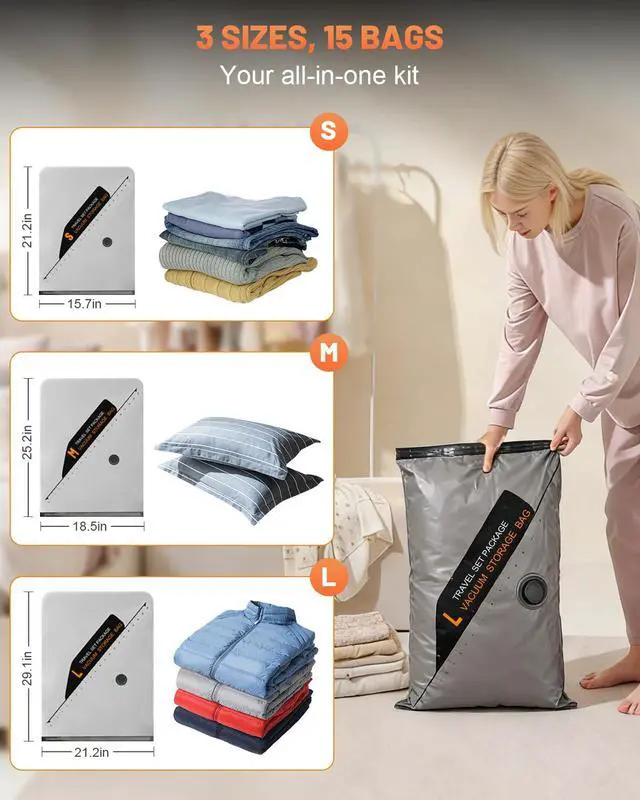 Alt view image 4 of 7 - 15 Pack Space Saver Vacuum Storage Bags with 6000Pa Wireless Air Pump for Clothes Comforters, 5 Jumbo+5 Medium+5 Small Storage Bags Vacuum Sealed, Compression Packing Ziplock Bags for Suitcase