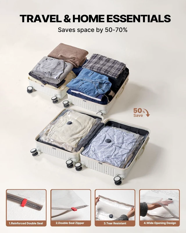 Alt view image 3 of 7 - 16 Pack Vacuum Seal Bags for Clothing Travel with Wireless Pump | Rechargeable Cordless Pump, Triple-Seal Leak-Proof, 16-Pack 4 Sizes (4J+4L+4M+4S) for Travel Luggage, Suitcase, Home Storage