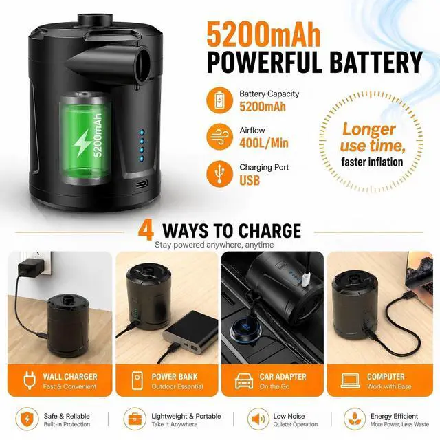 Alt view image 2 of 7 - Air Pump for Inflatables,Air Mattress Pump,5200mAh Battery,Camping Essentials,Electric Air Pump,4 Air Nozzles,Fast Inflate,Inflatable mat,Air Mattresses Beds,Pool Floats,Vacuum Storage