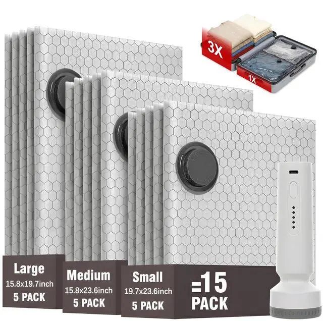 Main image of Seal Bags for Clothing Travel -15 Pack Vacuum Storage Bags With Wireless Electric Pump, Space Saver Bags Set for Luggage, Clothes, Seasonal Storage- Vacuum Compression Bags Travel Essentials