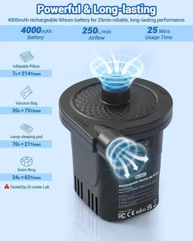 Alt view image 2 of 7 - Air Pump for Inflatables, Rechargeable 4000mAh Battery Air Mattress Pump - Portable Quick-Fill Inflator Deflator for Outdoor Camping Inflatable Pool Float Boat Raft Yoga Ball Swim Ring Airbed