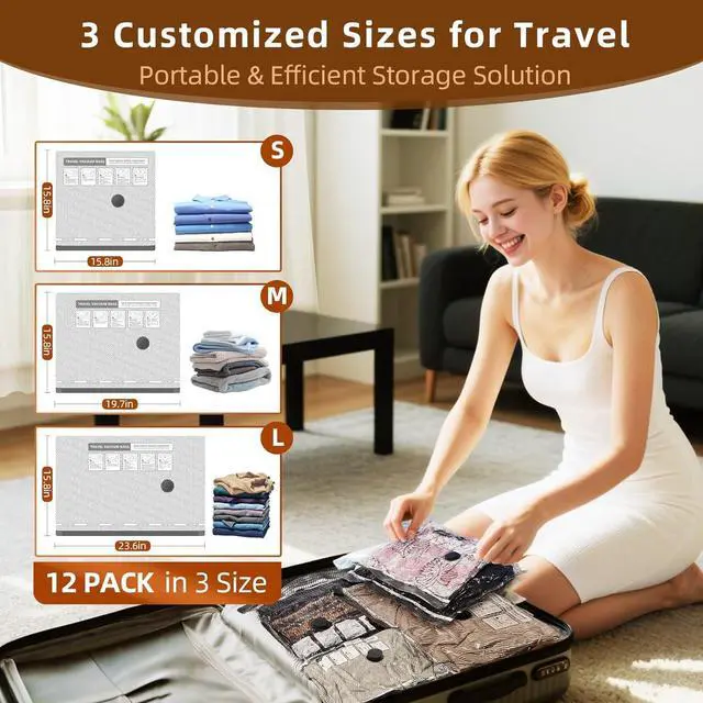 Alt view image 2 of 7 - 12 Pack Vacuum Bags for Travel with Rechargeable Air Pump & LED Light,Vacuum Travel Bags,Vacuum Storage Bags(4L+4M+4S),80% Space Saver Vacuum Seal Bags for Blankets,Comforters,Luggage