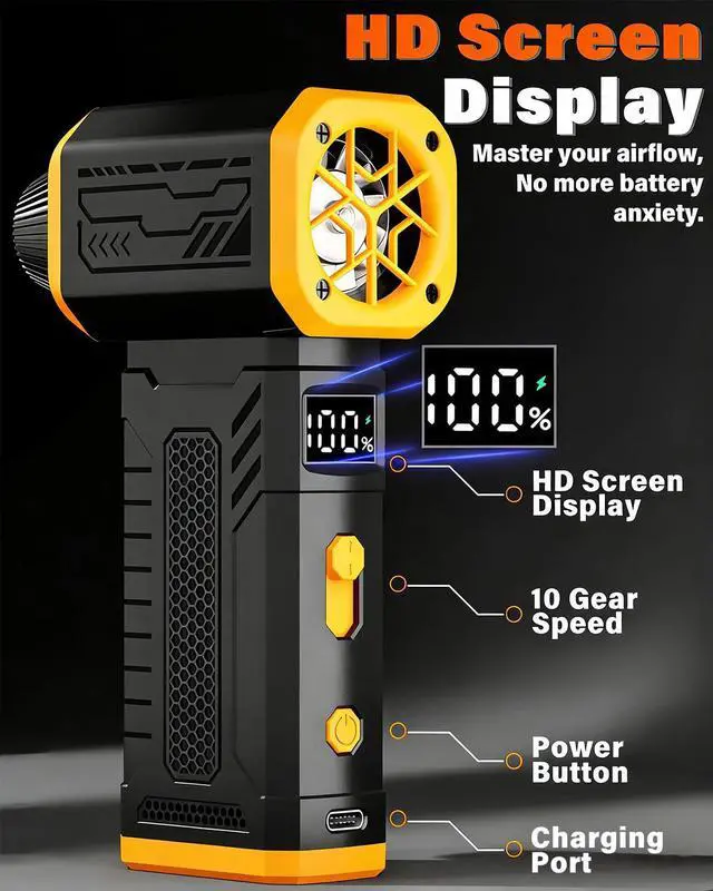 Alt view image 2 of 7 - Compressed Air Duster, 130K RPM Powerful Cordless Mini Blower with Display, 10-Gear Adjustable Car Vacuum with Fast Charging, Rechargeable Handheld Vacuum for Home, Outdoor and Car (Black, 2-in-1)