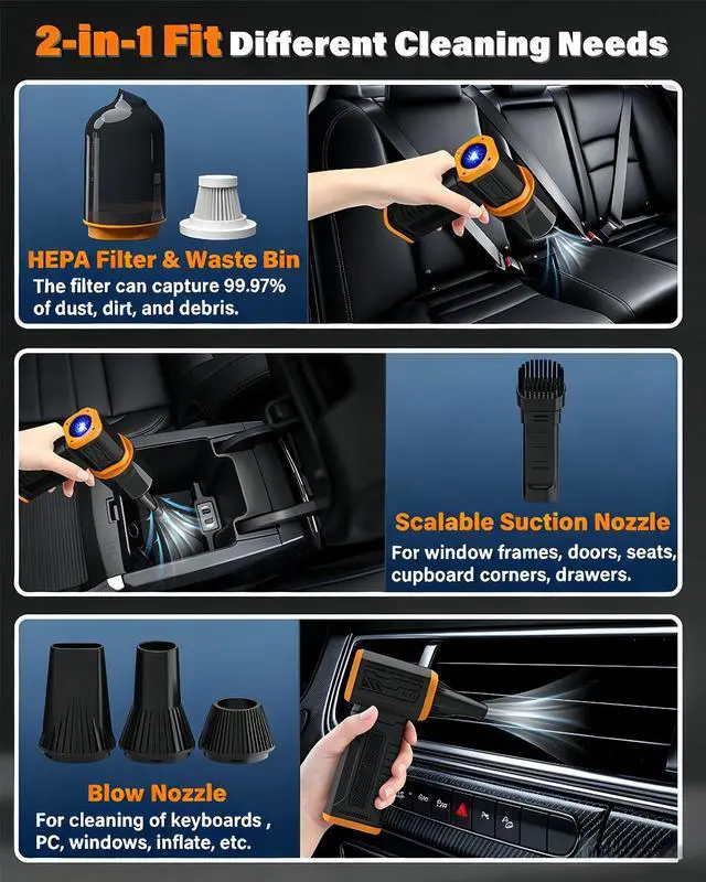 Alt view image 4 of 7 - Compressed Air Duster, 130K RPM Powerful Cordless Mini Blower with Display, 10-Gear Adjustable Car Vacuum with Fast Charging, Rechargeable Handheld Vacuum for Home, Outdoor and Car (Black, 2-in-1)