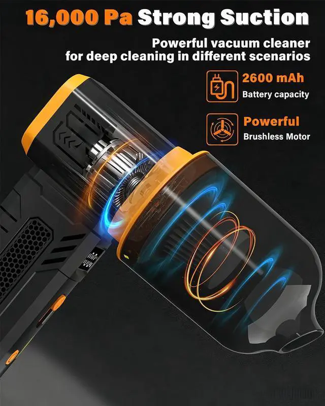 Alt view image 5 of 7 - Compressed Air Duster, 130K RPM Powerful Cordless Mini Blower with Display, 10-Gear Adjustable Car Vacuum with Fast Charging, Rechargeable Handheld Vacuum for Home, Outdoor and Car (Black, 2-in-1)