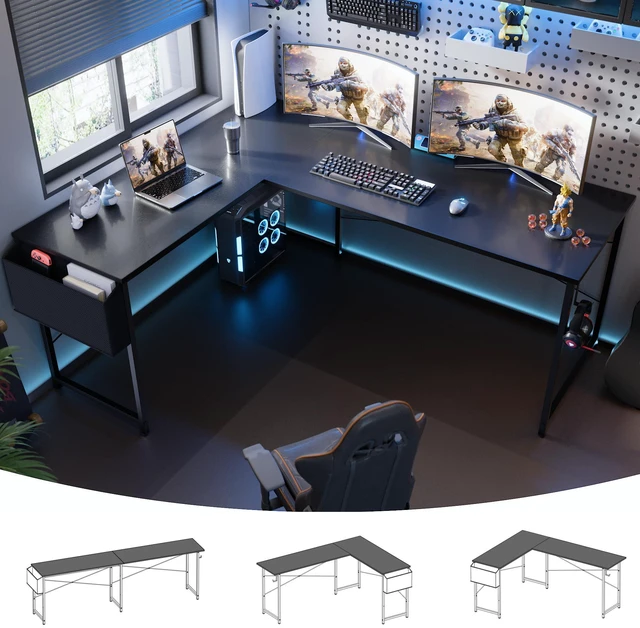 Main image of 64.5 Inch Reversible L Shaped Gaming Desk Large Corner Computer Desk with Storage Bag Home Office Table for Writing Study Black