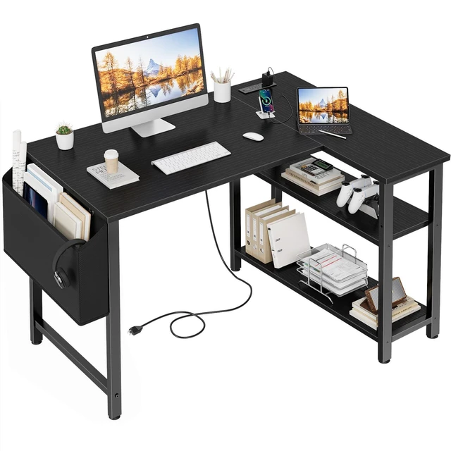 Main image of Small L Shaped Desk with Power Outlet Shelves, 40 Inch Corner Computer Desk for Small Space Home Office, L-Shaped Gaming Desk PC Desks with Charging Station, Black