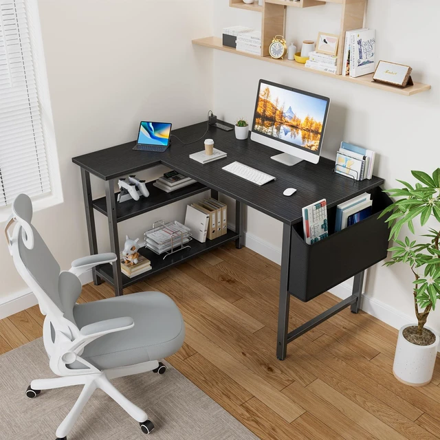 Alt view image 2 of 7 - Small L Shaped Desk with Power Outlet Shelves, 40 Inch Corner Computer Desk for Small Space Home Office, L-Shaped Gaming Desk PC Desks with Charging Station, Black