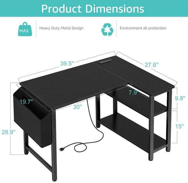 Alt view image 3 of 7 - Small L Shaped Desk with Power Outlet Shelves, 40 Inch Corner Computer Desk for Small Space Home Office, L-Shaped Gaming Desk PC Desks with Charging Station, Black
