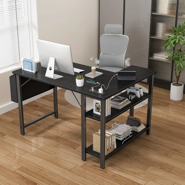 Alt view image 4 of 7 - Small L Shaped Desk with Power Outlet Shelves, 40 Inch Corner Computer Desk for Small Space Home Office, L-Shaped Gaming Desk PC Desks with Charging Station, Black