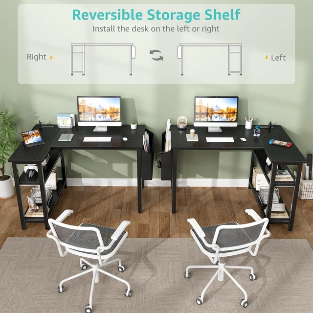 Alt view image 5 of 7 - Small L Shaped Desk with Power Outlet Shelves, 40 Inch Corner Computer Desk for Small Space Home Office, L-Shaped Gaming Desk PC Desks with Charging Station, Black