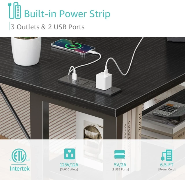 Alt view image 6 of 7 - Small L Shaped Desk with Power Outlet Shelves, 40 Inch Corner Computer Desk for Small Space Home Office, L-Shaped Gaming Desk PC Desks with Charging Station, Black