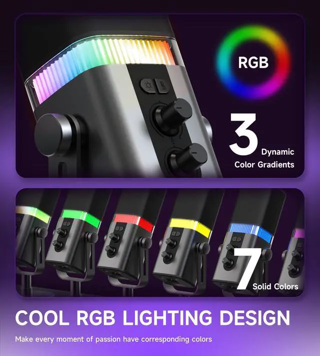 Alt view image 4 of 7 - 192KHz/32bit Dynamic Podcast Microphone for PC, USB & XLR Mic with RGB Lighting, Desktop Stand, Mute Button, All-Metal Body, Gain & Volume Control, Gaming Microphone for Livestreaming