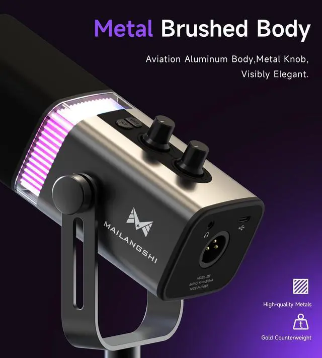Alt view image 6 of 7 - 192KHz/32bit Dynamic Podcast Microphone for PC, USB & XLR Mic with RGB Lighting, Desktop Stand, Mute Button, All-Metal Body, Gain & Volume Control, Gaming Microphone for Livestreaming