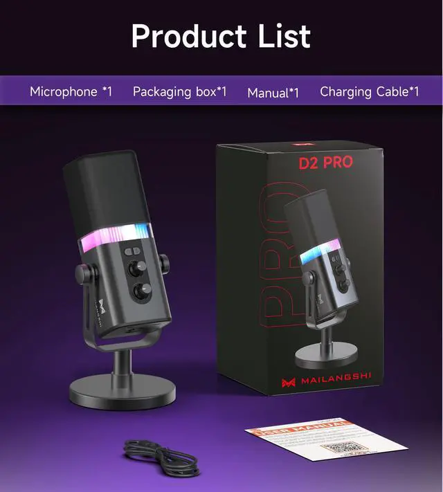 Alt view image 7 of 7 - 192KHz/32bit Dynamic Podcast Microphone for PC, USB & XLR Mic with RGB Lighting, Desktop Stand, Mute Button, All-Metal Body, Gain & Volume Control, Gaming Microphone for Livestreaming