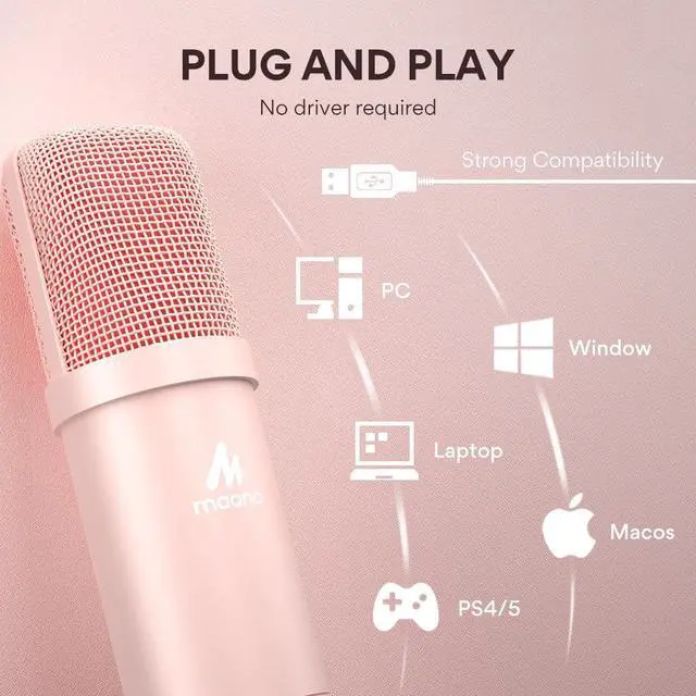 Alt view image 3 of 6 - USB Microphone, 192kHz/24bit Plug & Play PC Computer Podcast Condenser Cardioid Metal Mic Kit with Professional Sound Chipset for Recording, Gaming, Singing, YouTube, AU-A04 Pink