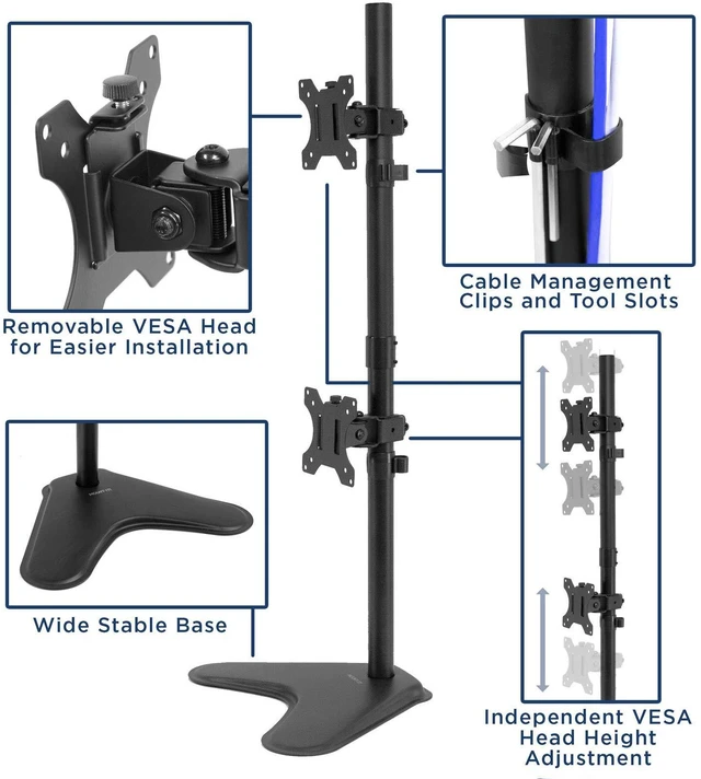 Alt view image 3 of 7 - Mount-It! Vertical Dual Monitor Stand, Freestanding Stacked Monitor Mount for 2 Screens 1732", Height Adjustable, Tilt Swivel Rotate, Portrait or Landscape, Holds 17.6 lbs per Arm
