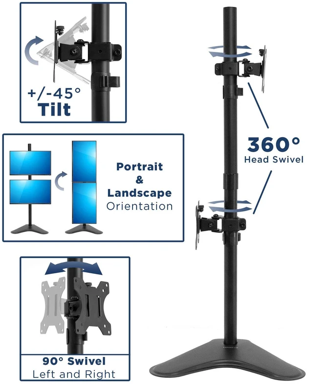 Alt view image 5 of 7 - Mount-It! Vertical Dual Monitor Stand, Freestanding Stacked Monitor Mount for 2 Screens 1732", Height Adjustable, Tilt Swivel Rotate, Portrait or Landscape, Holds 17.6 lbs per Arm