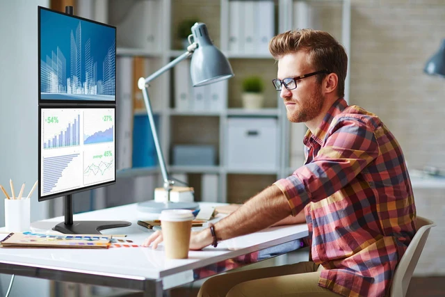 Alt view image 2 of 7 - Mount-It! Vertical Dual Monitor Stand, Freestanding Stacked Monitor Mount for 2 Screens 1732", Height Adjustable, Tilt Swivel Rotate, Portrait or Landscape, Holds 17.6 lbs per Arm