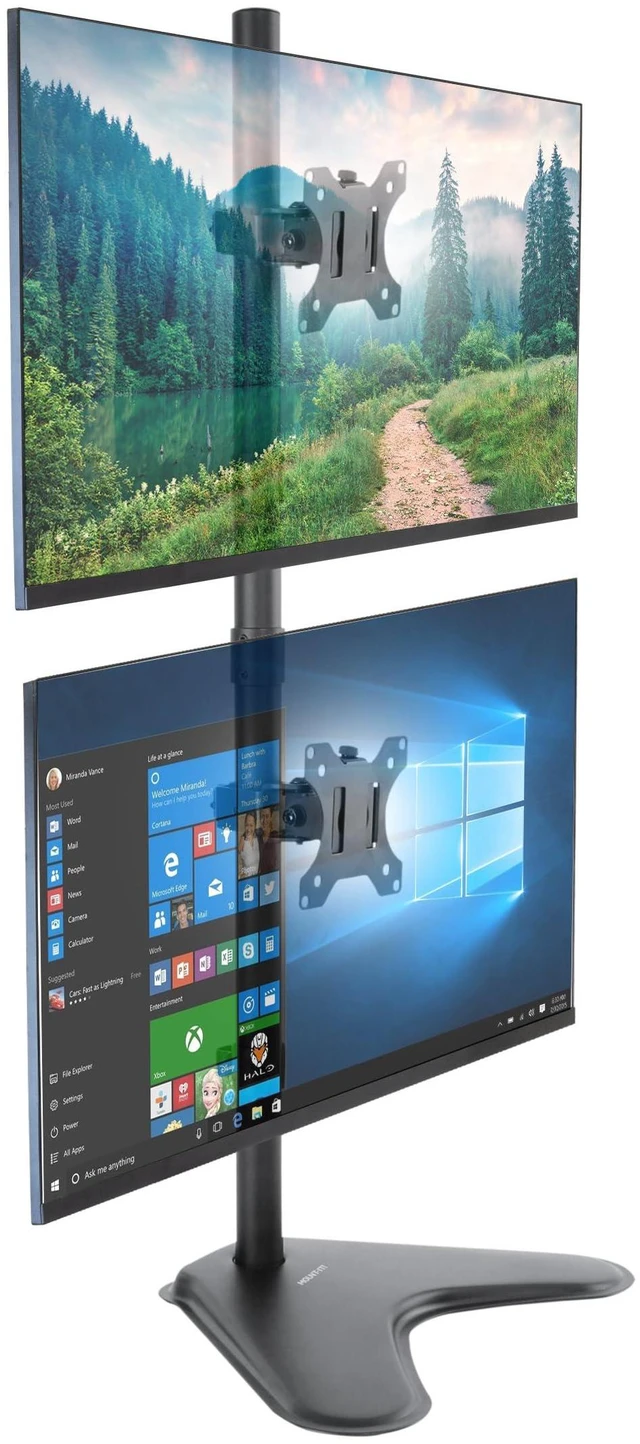 Main image of Mount-It! Vertical Dual Monitor Stand, Freestanding Stacked Monitor Mount for 2 Screens 1732", Height Adjustable, Tilt Swivel Rotate, Portrait or Landscape, Holds 17.6 lbs per Arm