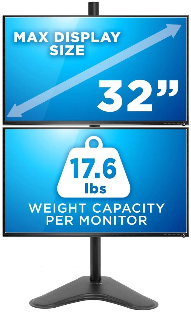 Alt view image 6 of 7 - Mount-It! Vertical Dual Monitor Stand, Freestanding Stacked Monitor Mount for 2 Screens 1732", Height Adjustable, Tilt Swivel Rotate, Portrait or Landscape, Holds 17.6 lbs per Arm