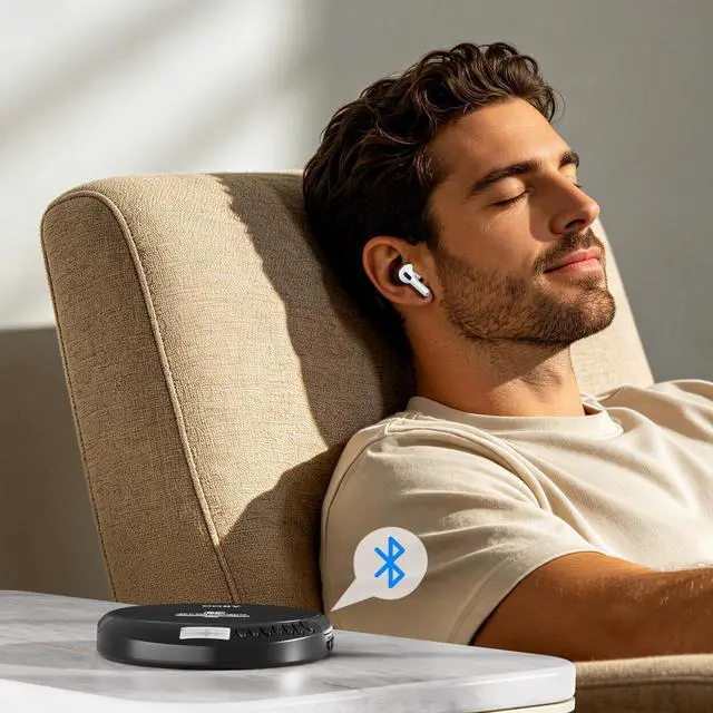 Alt view image 4 of 7 - Portable Bluetooth CD Player with FM Radio & Headphones, Rechargeable Anti-Skip Discman with MP3 Playback, AUX Input, Super Bass, Compact Retro Music Player for Home, Car, and Travel Black