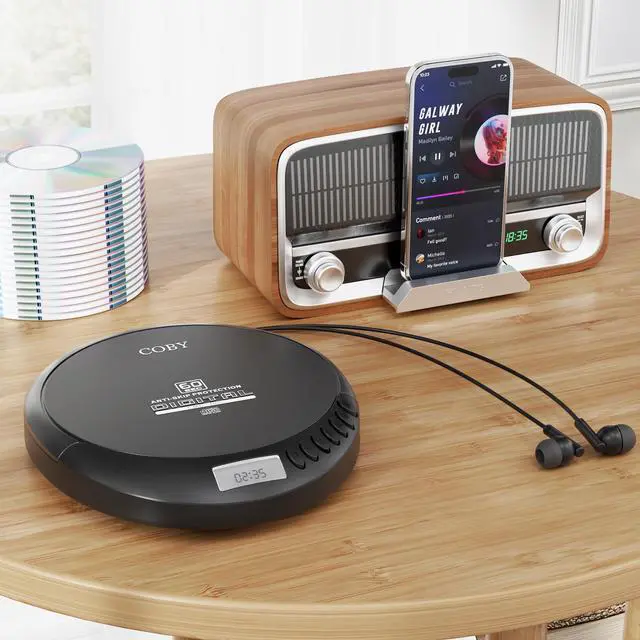 Alt view image 7 of 7 - Portable Bluetooth CD Player with FM Radio & Headphones, Rechargeable Anti-Skip Discman with MP3 Playback, AUX Input, Super Bass, Compact Retro Music Player for Home, Car, and Travel Black