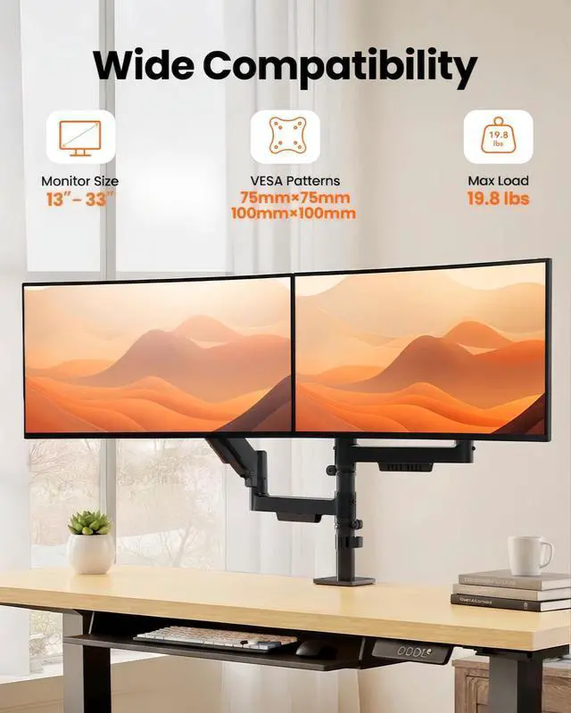 Alt view image 2 of 7 - Vertical Dual Monitor Stand, Stacked Monitor Mount for 13-33 Screens, Up to 19.8 lbs per Arm, Enhanced Stability with Integrated C-Clamp, Upgraded Cable Management, VESA 75x75/100x100mm, Black