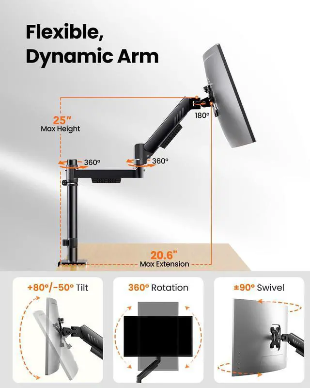 Alt view image 5 of 7 - Vertical Dual Monitor Stand, Stacked Monitor Mount for 13-33 Screens, Up to 19.8 lbs per Arm, Enhanced Stability with Integrated C-Clamp, Upgraded Cable Management, VESA 75x75/100x100mm, Black