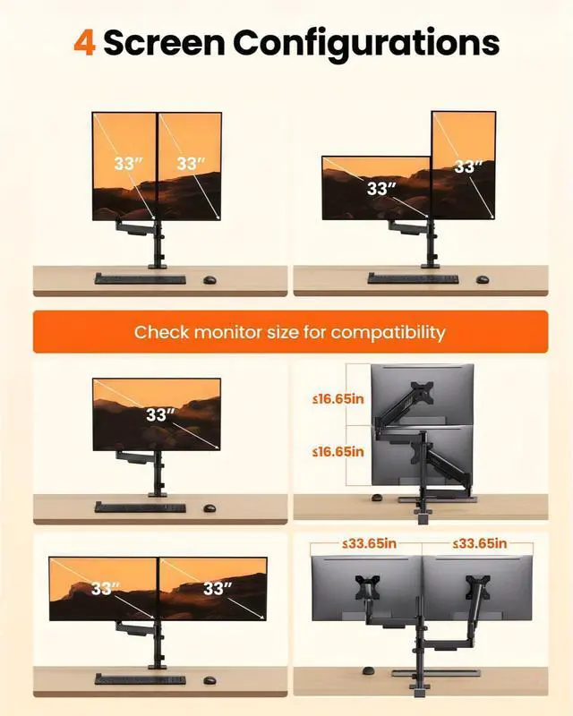 Alt view image 7 of 7 - Vertical Dual Monitor Stand, Stacked Monitor Mount for 13-33 Screens, Up to 19.8 lbs per Arm, Enhanced Stability with Integrated C-Clamp, Upgraded Cable Management, VESA 75x75/100x100mm, Black