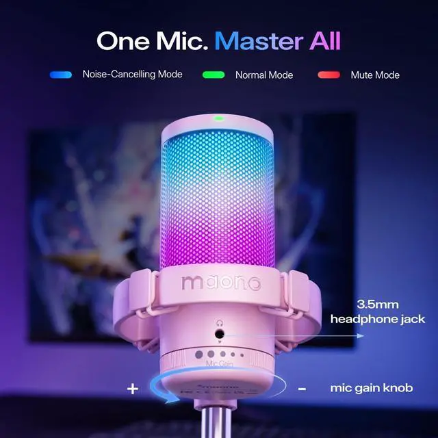 Alt view image 4 of 7 - Gaming USB Microphone with Noise Cancellation, Streaming mic for PC Computer MAC PS4 PS5, All-in-One Kit with Mute, Monitor for Recording, Podcast, Twitch, YouTube, Discord, DGM20S Pink