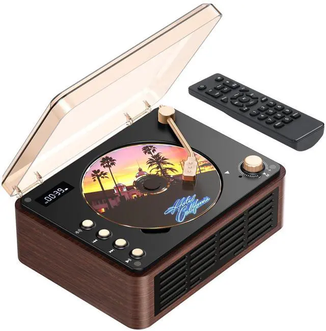 Main image of CD Player with Speaker, Retro CD Players for Home with Bluetooth, Hi-Fi Bass Boost, 3600mAh Battery, LCD Screen, Top-Loading Design, USB/AUX Input/FM Radio - Walnut Brown