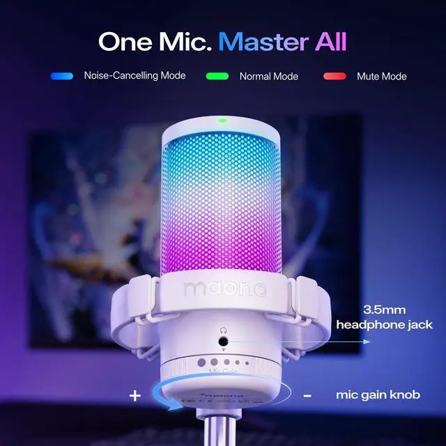 Alt view image 6 of 7 - USB Gaming Microphone with Noise Cancellation, Computer PC Mic with Boom Arm, RGB Light, Mute, Gain, Monitoring Streaming Mic for Podcast, YouTube, Twitch, Discord, PS5/4, GamerWave DGM20S