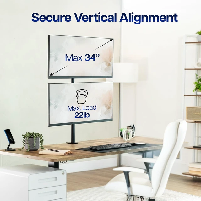 Alt view image 2 of 7 - Dual Vertically Stacked Monitor Desk Mount, Extra Tall Adjustable Stand for 2 Ultrawides up to 34 inches, 22 lbs Capacity, Black, STAND-V002T