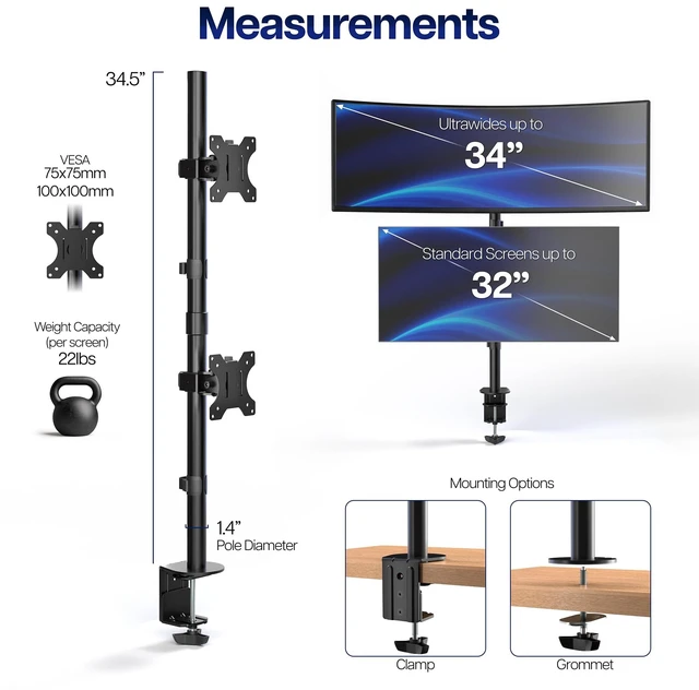 Alt view image 5 of 7 - Dual Vertically Stacked Monitor Desk Mount, Extra Tall Adjustable Stand for 2 Ultrawides up to 34 inches, 22 lbs Capacity, Black, STAND-V002T