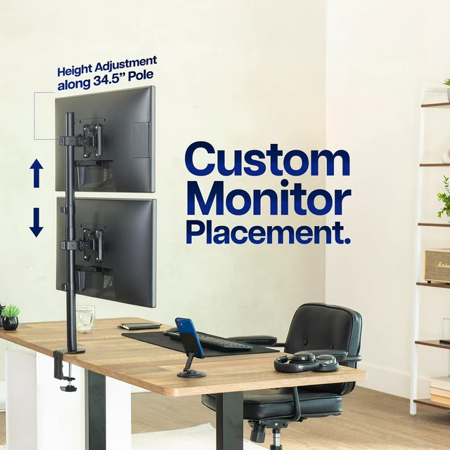 Alt view image 6 of 7 - Dual Vertically Stacked Monitor Desk Mount, Extra Tall Adjustable Stand for 2 Ultrawides up to 34 inches, 22 lbs Capacity, Black, STAND-V002T