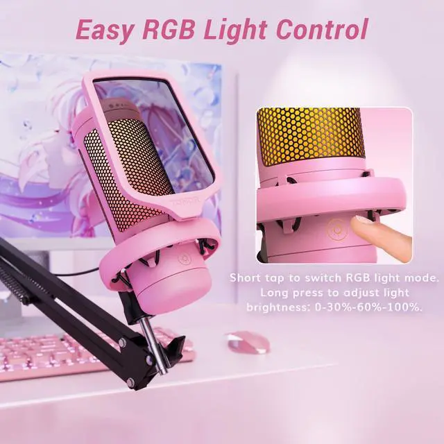 Alt view image 4 of 7 - Gaming Microphone Arm Set, RGB Condenser Mic with Boom Arm, Quick Mute, Adjustable RGB Brightness, Pop Filter, Shock Mount, Gain Control for Streaming, Discord Twitch YouTube,TC310+ Pink