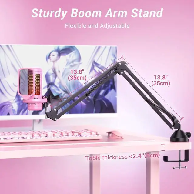 Alt view image 6 of 7 - Gaming Microphone Arm Set, RGB Condenser Mic with Boom Arm, Quick Mute, Adjustable RGB Brightness, Pop Filter, Shock Mount, Gain Control for Streaming, Discord Twitch YouTube,TC310+ Pink