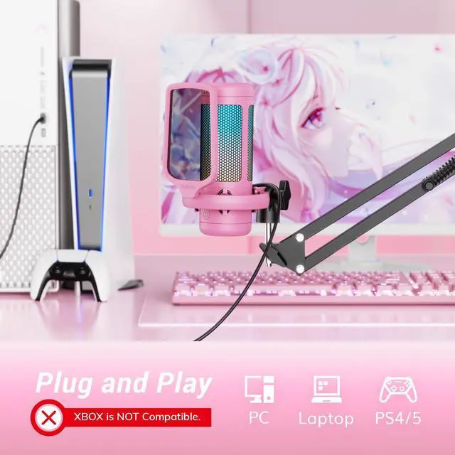 Alt view image 7 of 7 - Gaming Microphone Arm Set, RGB Condenser Mic with Boom Arm, Quick Mute, Adjustable RGB Brightness, Pop Filter, Shock Mount, Gain Control for Streaming, Discord Twitch YouTube,TC310+ Pink